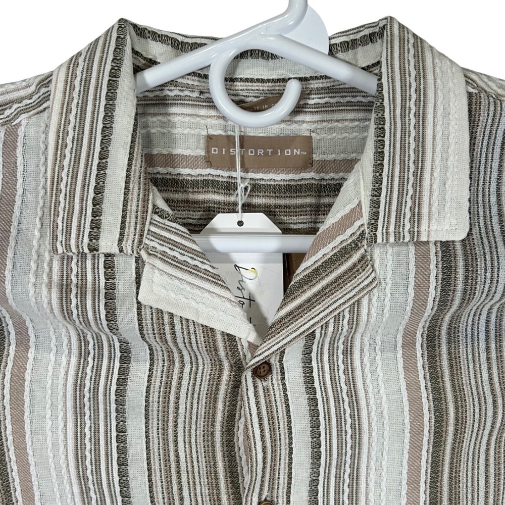 Distortion Mens Small Short Sleeve Button Up Shirt Brown Tan Stripe NEW